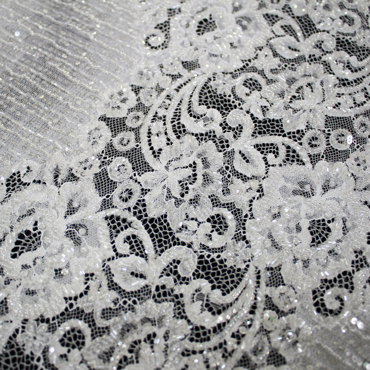 Haute Couture Lace | Bridal Embroidered Lace with Seed Beads, Sequins, Floral Motifs, Horizontal Gradient Stripes & Double Border | FRI2563