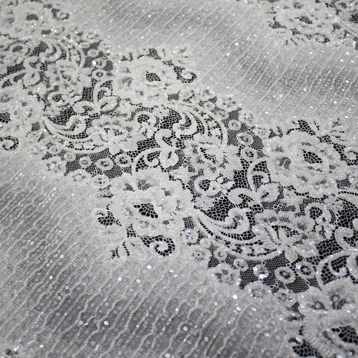 Haute Couture Lace | Bridal Embroidered Lace with Seed Beads, Sequins, Floral Motifs, Horizontal Gradient Stripes & Double Border | FRI2563