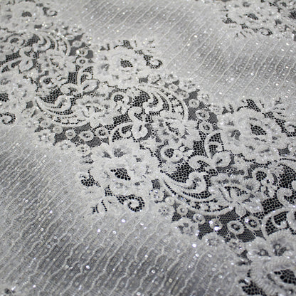 Haute Couture Lace | Bridal Embroidered Lace with Seed Beads, Sequins, Floral Motifs, Horizontal Gradient Stripes & Double Border | FRI2563