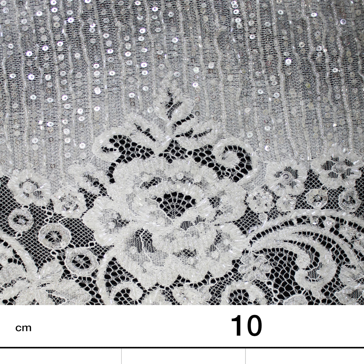 Haute Couture Lace | Bridal Embroidered Lace with Seed Beads, Sequins, Floral Motifs, Horizontal Gradient Stripes & Double Border | FRI2563