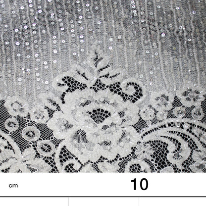 Haute Couture Lace | Bridal Embroidered Lace with Seed Beads, Sequins, Floral Motifs, Horizontal Gradient Stripes & Double Border | FRI2563