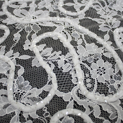 Pizzo Alta Moda | Pizzo Ricamato Sposa con Cordone 3D, Linee Curve, Corallini Intrecciati, Ramage Floreale e Doppio Bordo | FRI4302