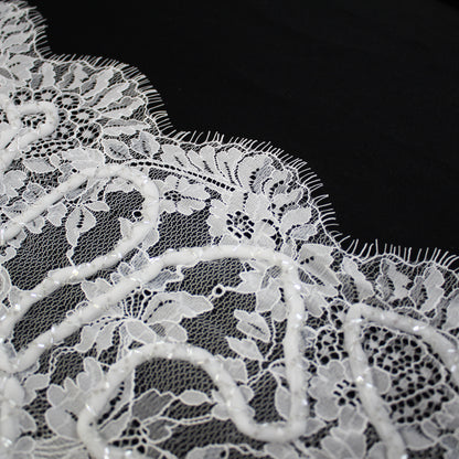 Pizzo Alta Moda | Pizzo Ricamato Sposa con Cordone 3D, Linee Curve, Corallini Intrecciati, Ramage Floreale e Doppio Bordo | FRI4302