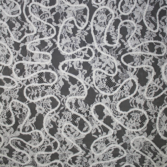 Haute Couture Lace | Bridal Embroidered Lace with 3D Cording, Curved Lines, Intertwined Seed Beads, Floral Sprays & Double Border | FRI4302
