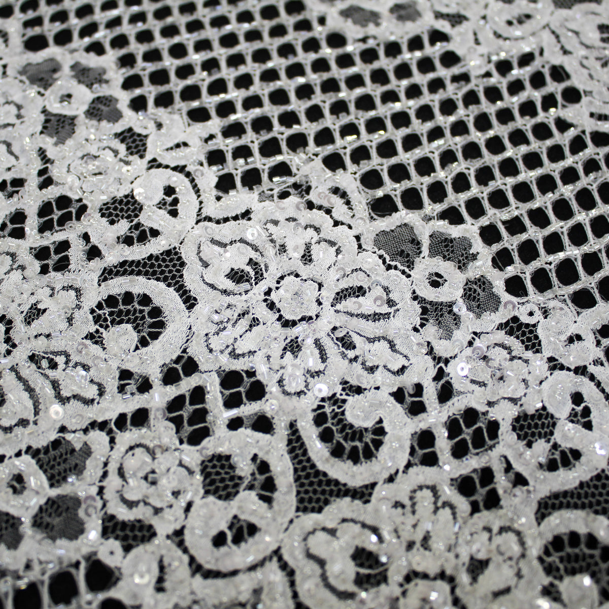 Haute Couture Lace | Bridal Embroidered Lace with Sequins, Seed Beads, Alternating Mesh Stripes, Arabesque Floral Motifs & Double Border | FRI2559
