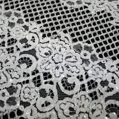 Haute Couture Lace | Bridal Embroidered Lace with Sequins, Seed Beads, Alternating Mesh Stripes, Arabesque Floral Motifs & Double Border | FRI2559