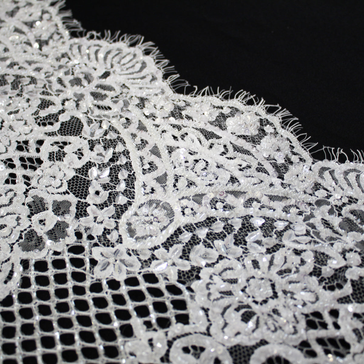 Haute Couture Lace | Bridal Embroidered Lace with Sequins, Seed Beads, Alternating Mesh Stripes, Arabesque Floral Motifs & Double Border | FRI2559