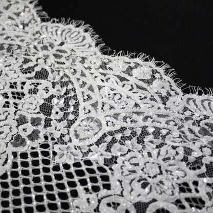 Haute Couture Lace | Bridal Embroidered Lace with Sequins, Seed Beads, Alternating Mesh Stripes, Arabesque Floral Motifs & Double Border | FRI2559
