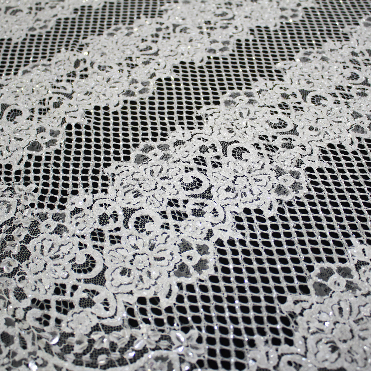 Haute Couture Lace | Bridal Embroidered Lace with Sequins, Seed Beads, Alternating Mesh Stripes, Arabesque Floral Motifs & Double Border | FRI2559