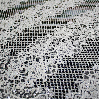 Haute Couture Lace | Bridal Embroidered Lace with Sequins, Seed Beads, Alternating Mesh Stripes, Arabesque Floral Motifs & Double Border | FRI2559
