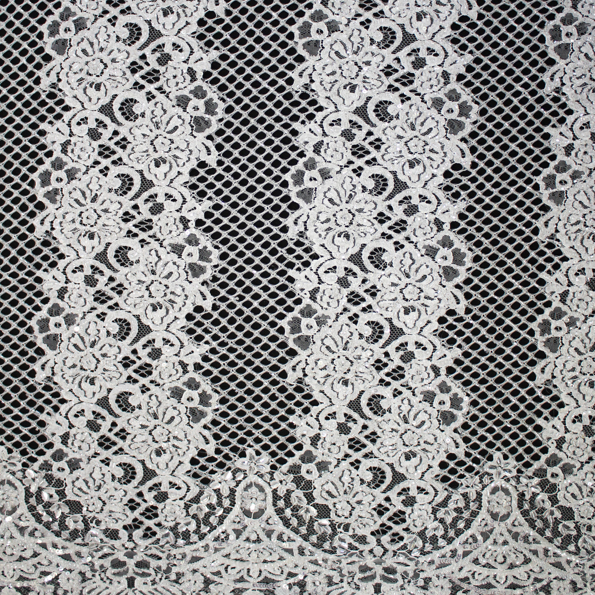 Haute Couture Lace | Bridal Embroidered Lace with Sequins, Seed Beads, Alternating Mesh Stripes, Arabesque Floral Motifs & Double Border | FRI2559