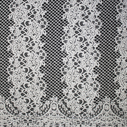 Haute Couture Lace | Bridal Embroidered Lace with Sequins, Seed Beads, Alternating Mesh Stripes, Arabesque Floral Motifs & Double Border | FRI2559