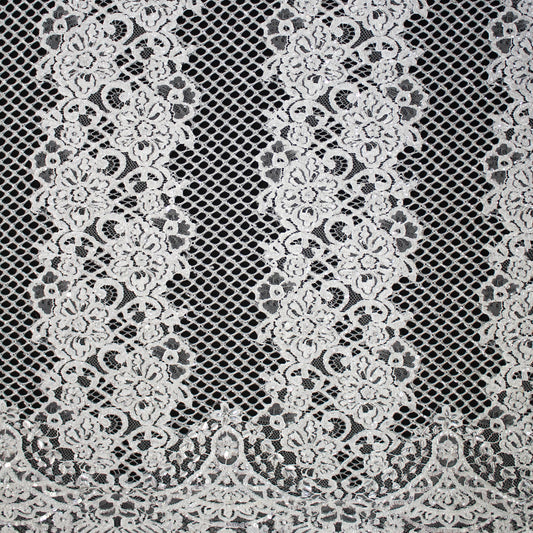 Haute Couture Lace | Bridal Embroidered Lace with Sequins, Seed Beads, Alternating Mesh Stripes, Arabesque Floral Motifs & Double Border | FRI2559