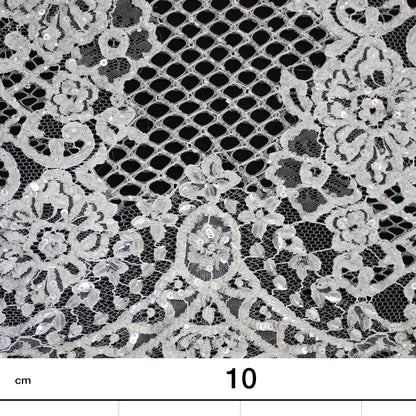 Haute Couture Lace | Bridal Embroidered Lace with Sequins, Seed Beads, Alternating Mesh Stripes, Arabesque Floral Motifs & Double Border | FRI2559