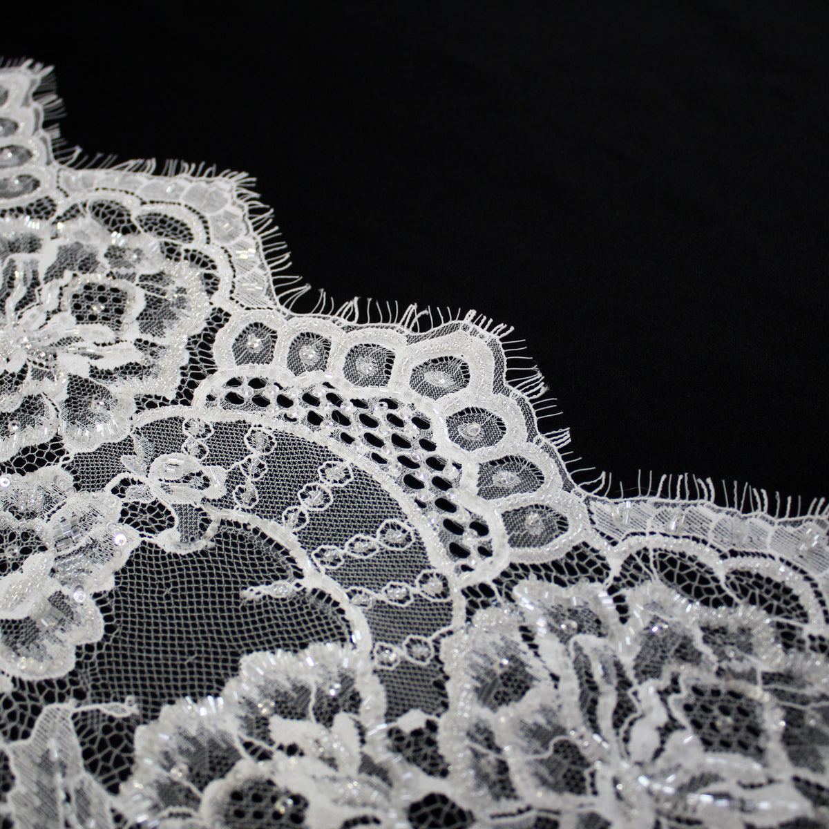 Haute Couture Lace | Bridal Embroidered Lace with Sequins, Seed Beads, Alternating Vertical Stripes, Arabesque Floral Sprays & Double Border | FRI2670