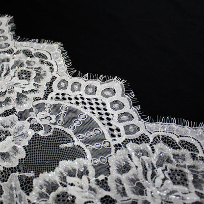 Haute Couture Lace | Bridal Embroidered Lace with Sequins, Seed Beads, Alternating Vertical Stripes, Arabesque Floral Sprays & Double Border | FRI2670