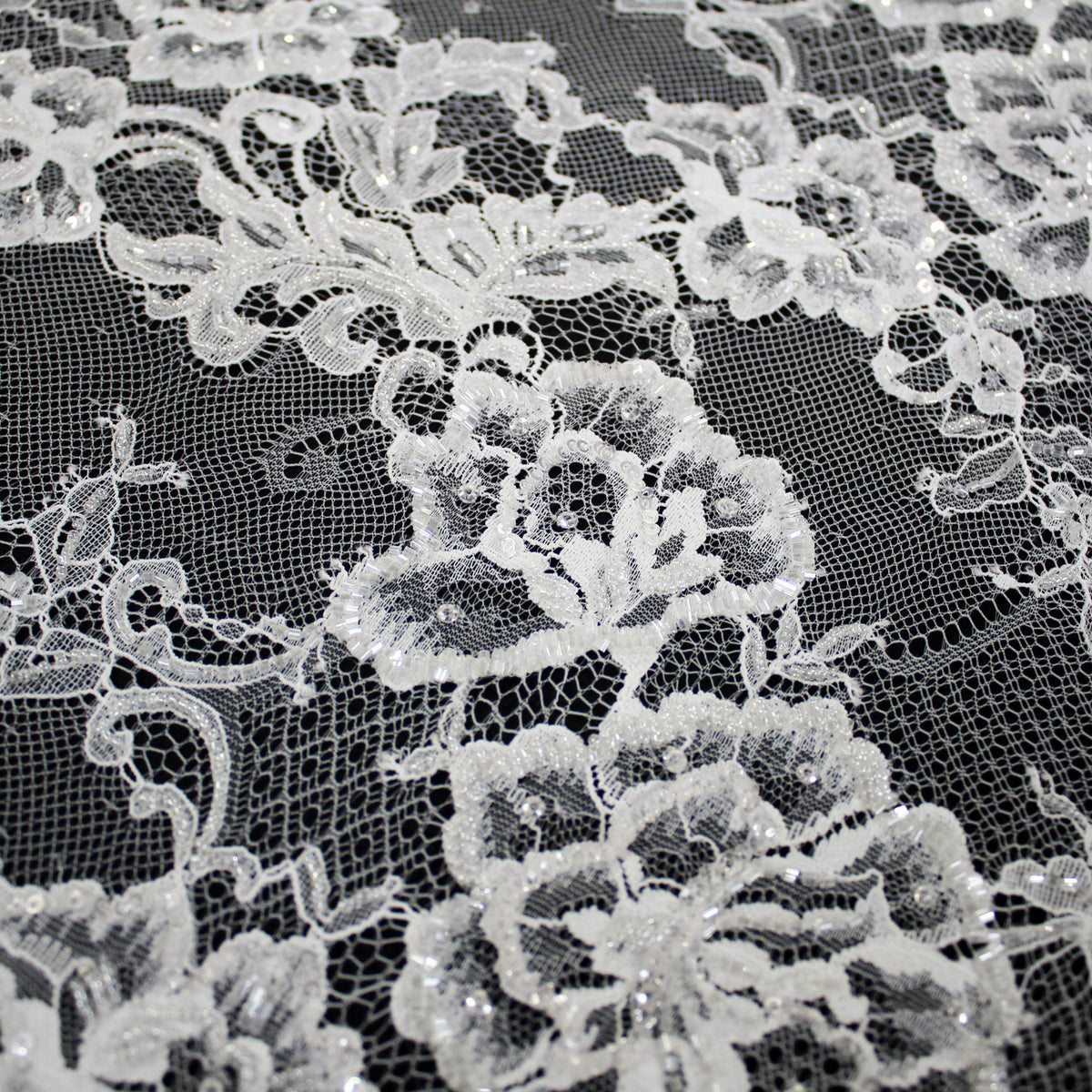 Haute Couture Lace | Bridal Embroidered Lace with Sequins, Seed Beads, Alternating Vertical Stripes, Arabesque Floral Sprays & Double Border | FRI2670
