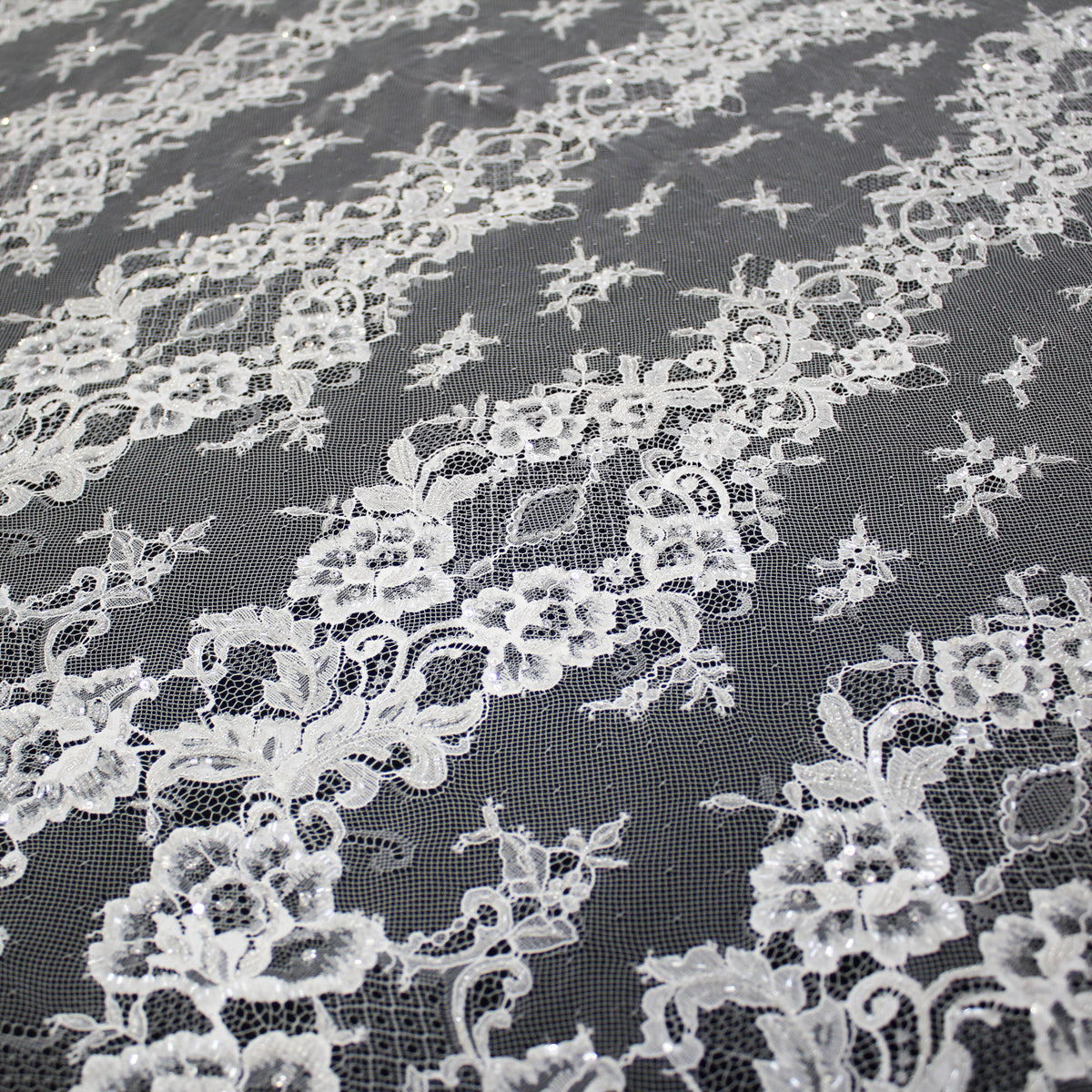 Haute Couture Lace | Bridal Embroidered Lace with Sequins, Seed Beads, Alternating Vertical Stripes, Arabesque Floral Sprays & Double Border | FRI2670