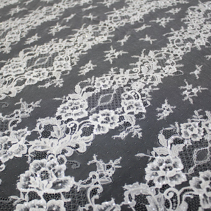 Haute Couture Lace | Bridal Embroidered Lace with Sequins, Seed Beads, Alternating Vertical Stripes, Arabesque Floral Sprays & Double Border | FRI2670