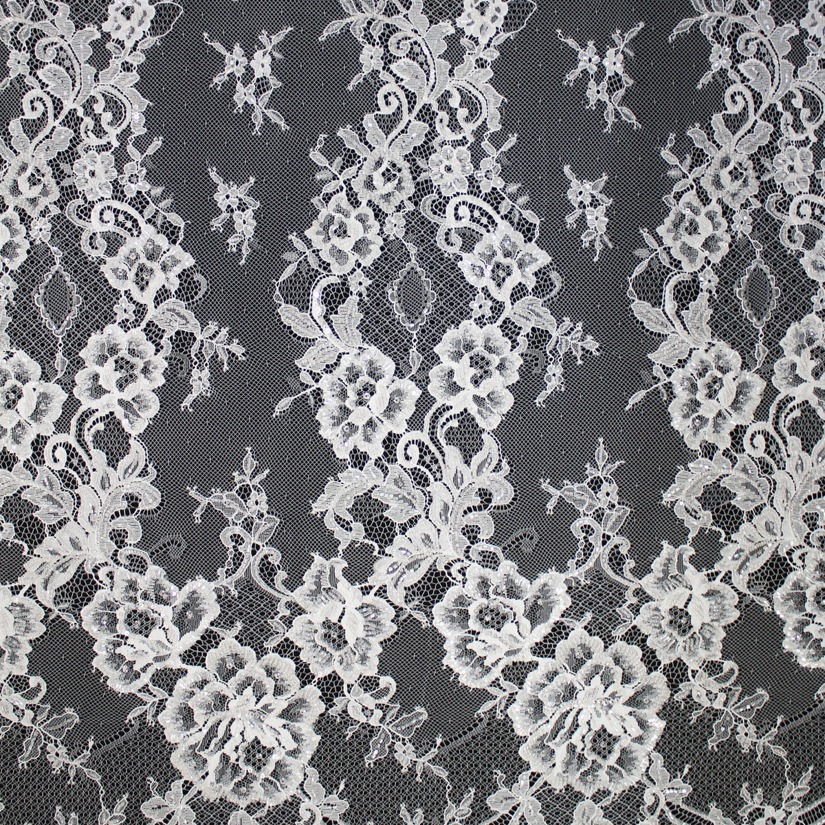 Haute Couture Lace | Bridal Embroidered Lace with Sequins, Seed Beads, Alternating Vertical Stripes, Arabesque Floral Sprays & Double Border | FRI2670