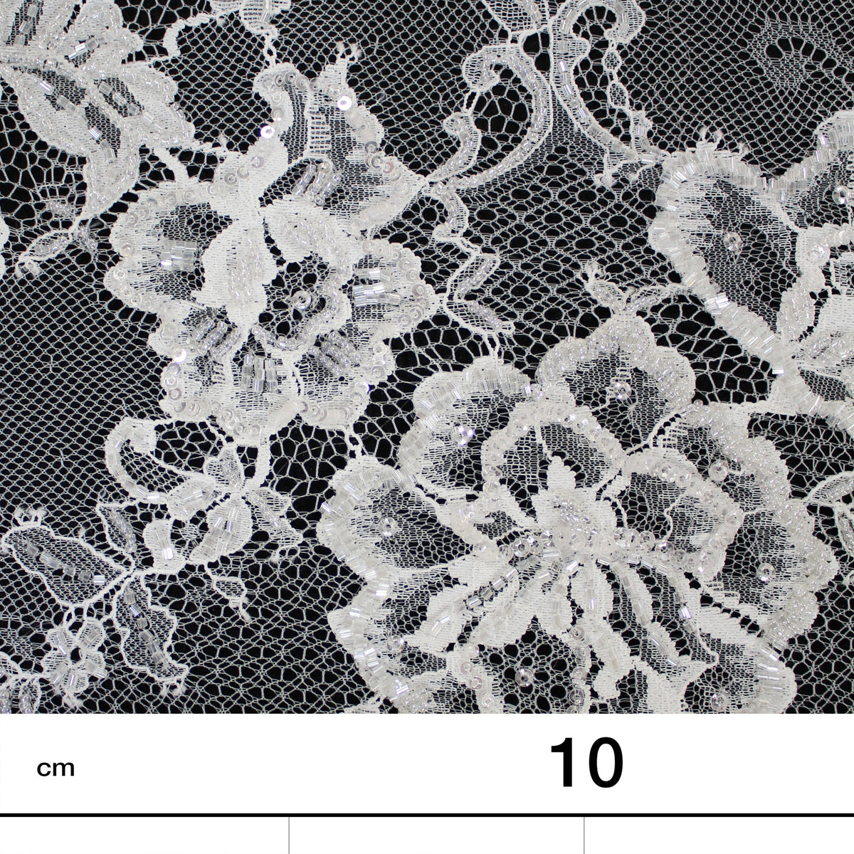 Haute Couture Lace | Bridal Embroidered Lace with Sequins, Seed Beads, Alternating Vertical Stripes, Arabesque Floral Sprays & Double Border | FRI2670
