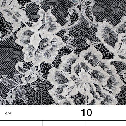 Haute Couture Lace | Bridal Embroidered Lace with Sequins, Seed Beads, Alternating Vertical Stripes, Arabesque Floral Sprays & Double Border | FRI2670