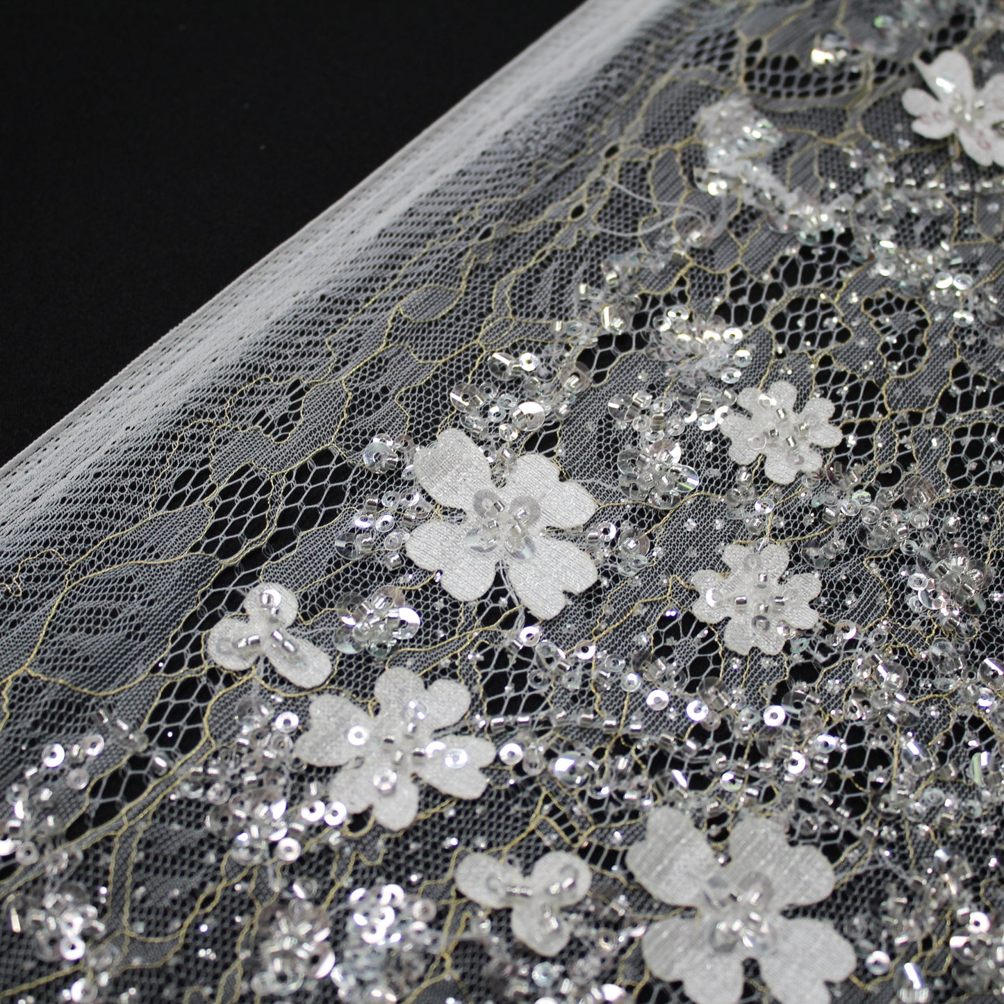 Haute Couture Bridal | Embroidered Lace Fabric with Sequins, Seed Beads, 3D Flowers & Gold Embroidery Details | TRW3384