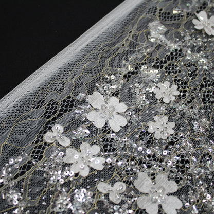 Haute Couture Bridal | Embroidered Lace Fabric with Sequins, Seed Beads, 3D Flowers & Gold Embroidery Details | TRW3384