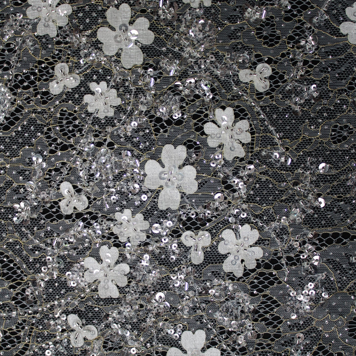 Haute Couture Bridal | Embroidered Lace Fabric with Sequins, Seed Beads, 3D Flowers & Gold Embroidery Details | TRW3384