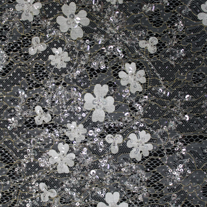 Haute Couture Bridal | Embroidered Lace Fabric with Sequins, Seed Beads, 3D Flowers & Gold Embroidery Details | TRW3384