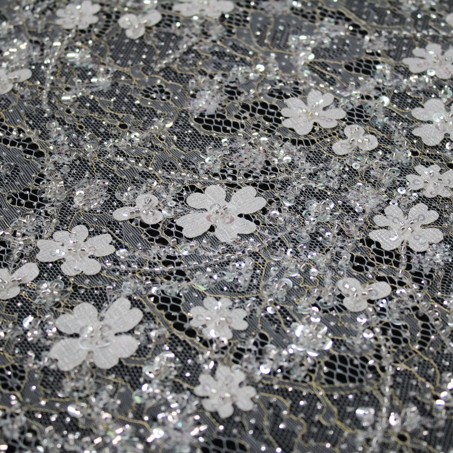 Haute Couture Bridal | Embroidered Lace Fabric with Sequins, Seed Beads, 3D Flowers & Gold Embroidery Details | TRW3384