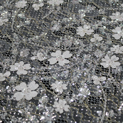 Haute Couture Bridal | Embroidered Lace Fabric with Sequins, Seed Beads, 3D Flowers & Gold Embroidery Details | TRW3384