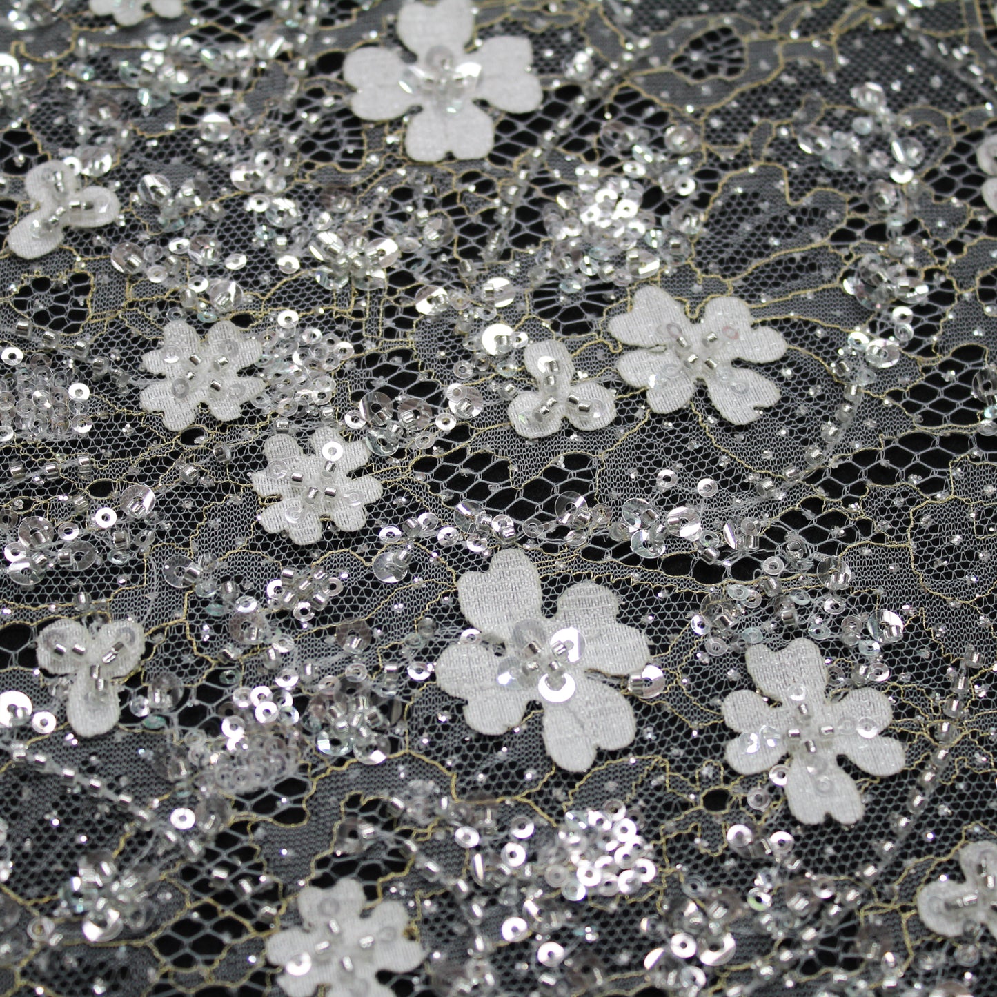 Haute Couture Bridal | Embroidered Lace Fabric with Sequins, Seed Beads, 3D Flowers & Gold Embroidery Details | TRW3384