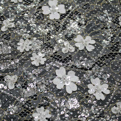 Haute Couture Bridal | Embroidered Lace Fabric with Sequins, Seed Beads, 3D Flowers & Gold Embroidery Details | TRW3384