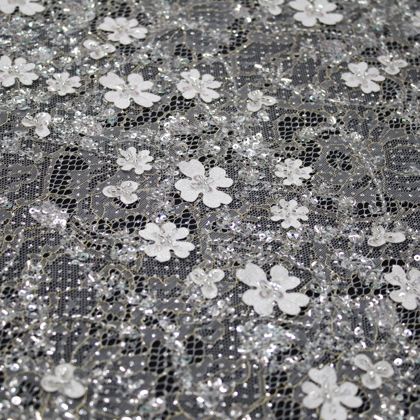 Haute Couture Bridal | Embroidered Lace Fabric with Sequins, Seed Beads, 3D Flowers & Gold Embroidery Details | TRW3384