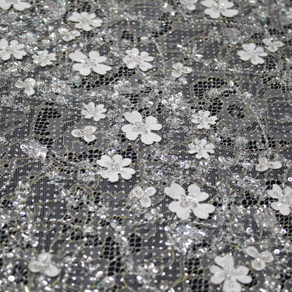 Haute Couture Bridal | Embroidered Lace Fabric with Sequins, Seed Beads, 3D Flowers & Gold Embroidery Details | TRW3384