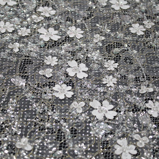 Haute Couture Bridal | Embroidered Lace Fabric with Sequins, Seed Beads, 3D Flowers & Gold Embroidery Details | TRW3384