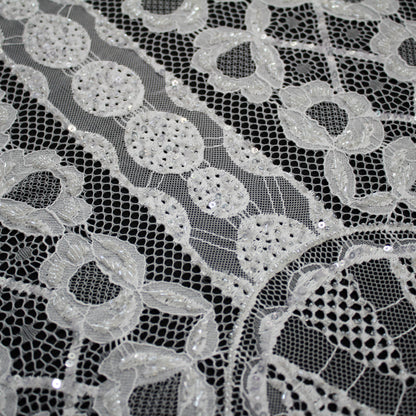 Pizzo Alta Moda | Pizzo Ricamato Sposa con Paillettes, Corallini, Motivo Arabesco, Fiori, Archi e Doppio Bordo | FRI3742