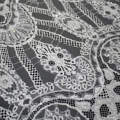 Pizzo Alta Moda | Pizzo Ricamato Sposa con Paillettes, Corallini, Motivo Arabesco, Fiori, Archi e Doppio Bordo | FRI3742