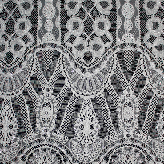 Haute Couture Lace | Bridal Embroidered Lace with Sequins, Seed Beads, Arabesque Scrolls, Floral Motifs, Arched Framework & Double Border | FRI3742