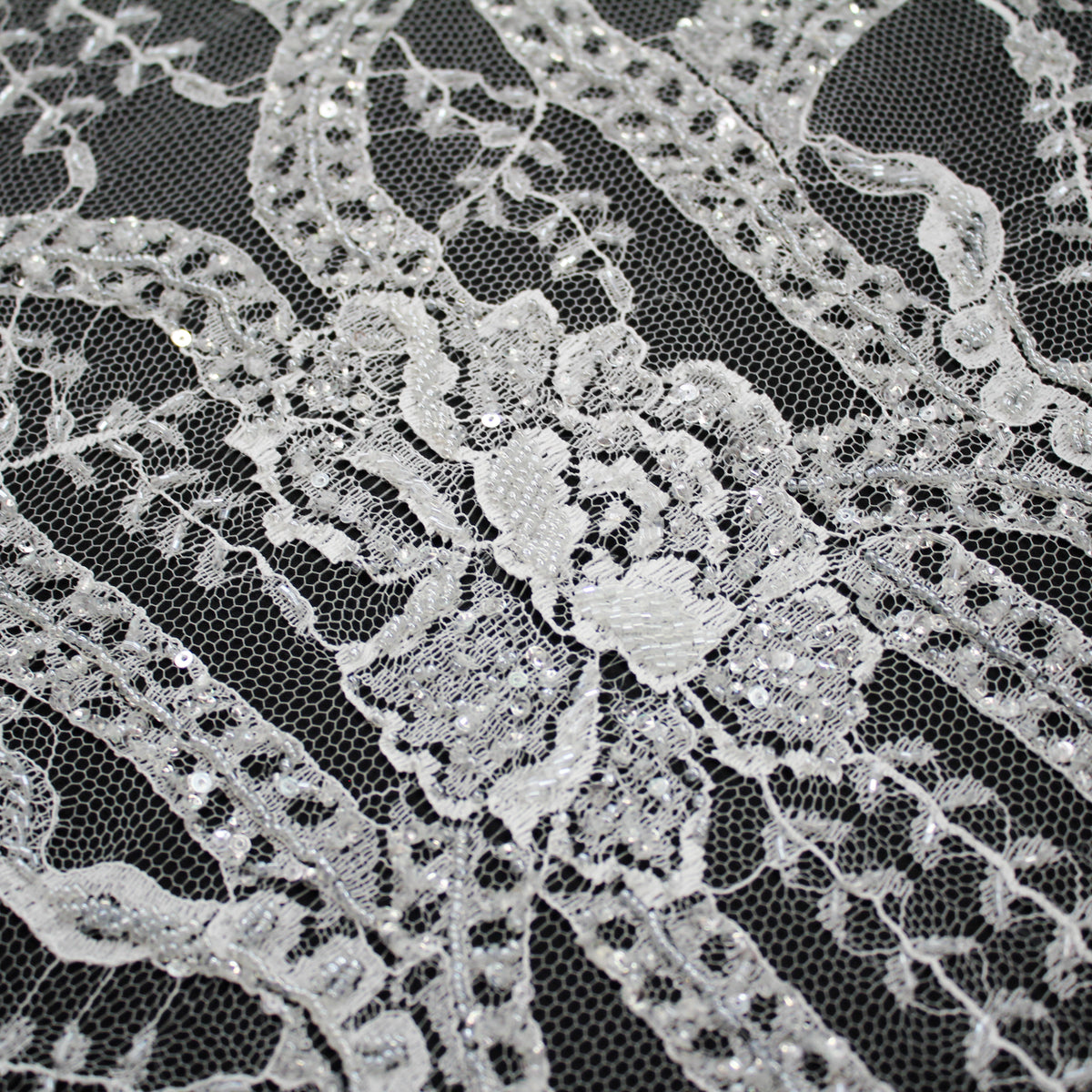 Haute Couture Lace | Bridal Embroidered Lace with Sequins, Seed Beads, Floral Motifs, Arabesque Scrolls, Arched Lines & Double Scallop | FRI3215