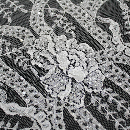 Haute Couture Lace | Bridal Embroidered Lace with Sequins, Seed Beads, Floral Motifs, Arabesque Scrolls, Arched Lines & Double Scallop | FRI3215