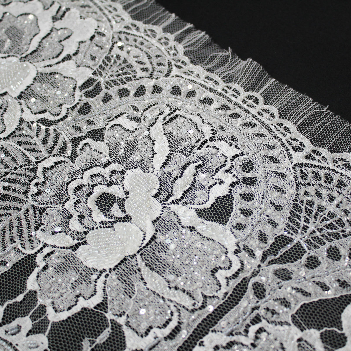 Haute Couture Lace | Bridal Embroidered Lace with Sequins, Seed Beads, Floral Motifs, Arabesque Scrolls, Arched Lines & Double Scallop | FRI3215