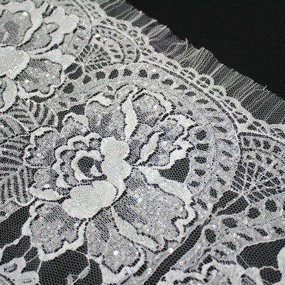 Haute Couture Lace | Bridal Embroidered Lace with Sequins, Seed Beads, Floral Motifs, Arabesque Scrolls, Arched Lines & Double Scallop | FRI3215