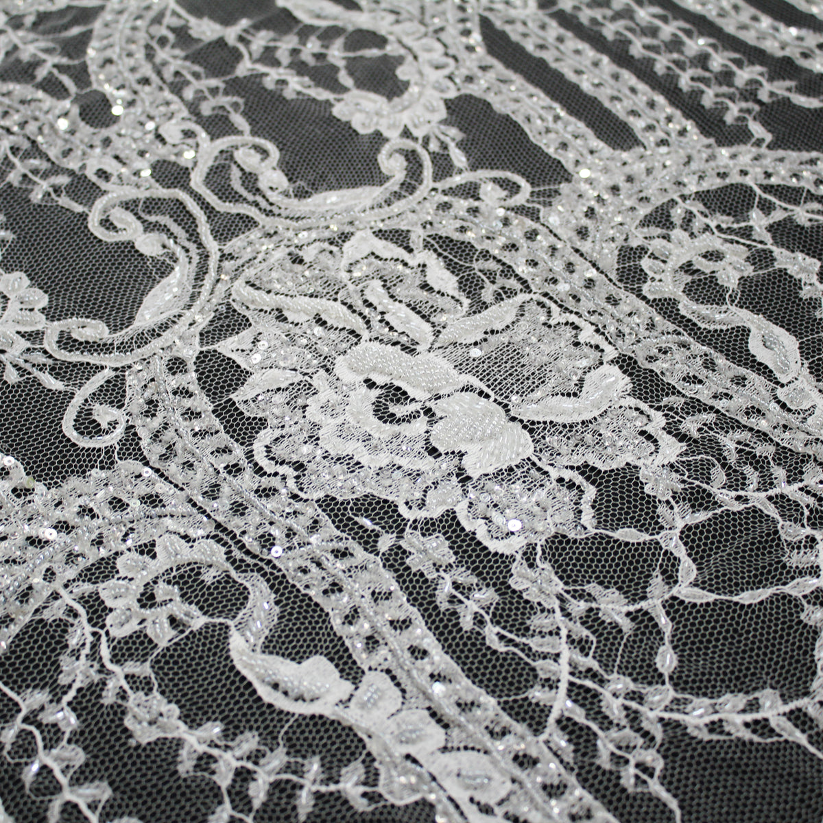 Haute Couture Lace | Bridal Embroidered Lace with Sequins, Seed Beads, Floral Motifs, Arabesque Scrolls, Arched Lines & Double Scallop | FRI3215
