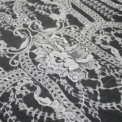 Haute Couture Lace | Bridal Embroidered Lace with Sequins, Seed Beads, Floral Motifs, Arabesque Scrolls, Arched Lines & Double Scallop | FRI3215