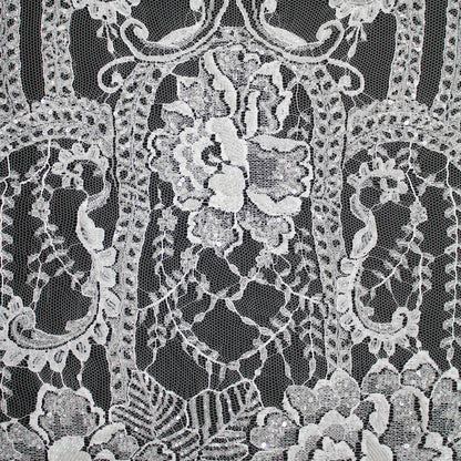Haute Couture Lace | Bridal Embroidered Lace with Sequins, Seed Beads, Floral Motifs, Arabesque Scrolls, Arched Lines & Double Scallop | FRI3215