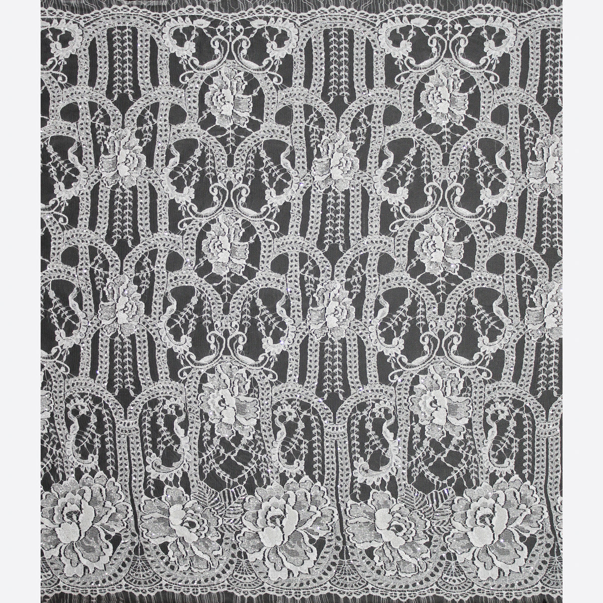 Haute Couture Lace | Bridal Embroidered Lace with Sequins, Seed Beads, Floral Motifs, Arabesque Scrolls, Arched Lines & Double Scallop | FRI3215