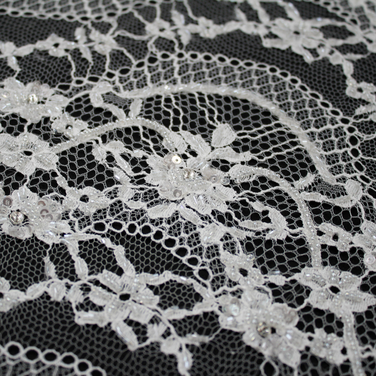Haute Couture Lace | Bridal Embroidered Lace with Sequins, Seed Beads, Rhinestones, Vertical Wave Floral Sprays & Double Scallop | FRI3217