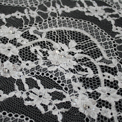 Haute Couture Lace | Bridal Embroidered Lace with Sequins, Seed Beads, Rhinestones, Vertical Wave Floral Sprays & Double Scallop | FRI3217
